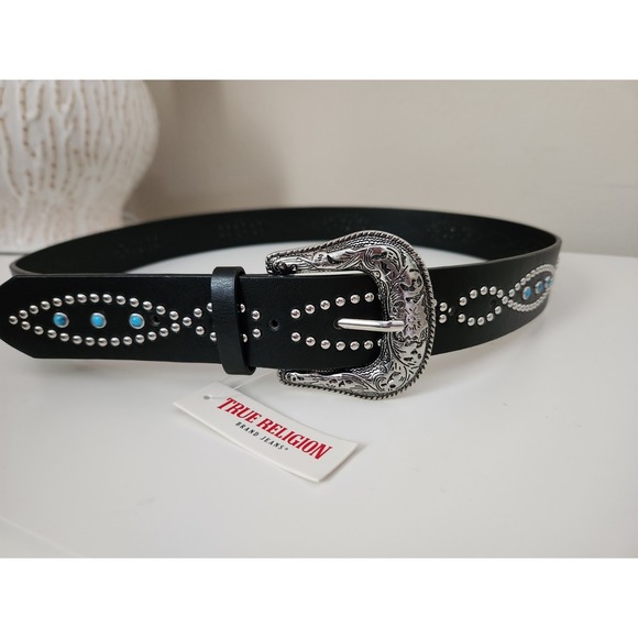 TRUE‎ RELIGION Women Stone Embellished Southwestern Faux Leather Black Belt L/XL - Picture 3 of 8